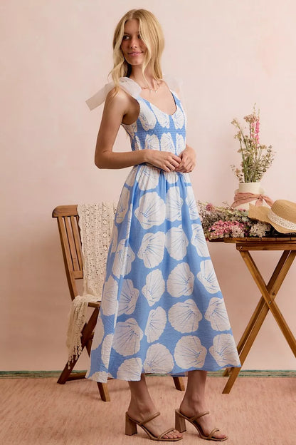 shell smocked bodice So Me Shell Smocked Bodice Shoulder Tie Lined Midi Dress view 10 (dress) - shop at us.meeeshop