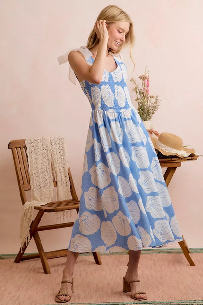 shell smocked bodice So Me Shell Smocked Bodice Shoulder Tie Lined Midi Dress view 11 (dress) - shop at us.meeeshop