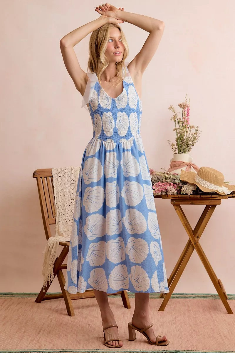 shell smocked bodice So Me Shell Smocked Bodice Shoulder Tie Lined Midi Dress view 12 (dress) - shop at us.meeeshop