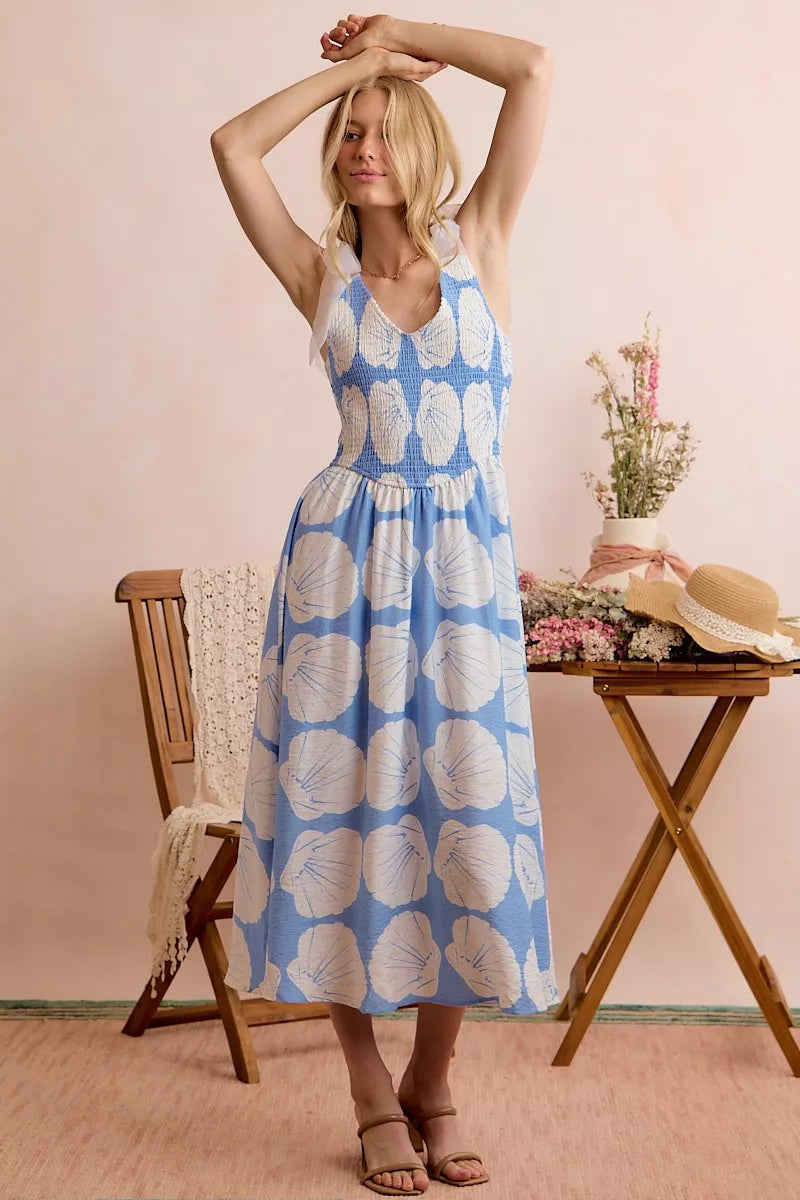 shell smocked bodice So Me Shell Smocked Bodice Shoulder Tie Lined Midi Dress view 13 (dress) - shop at us.meeeshop