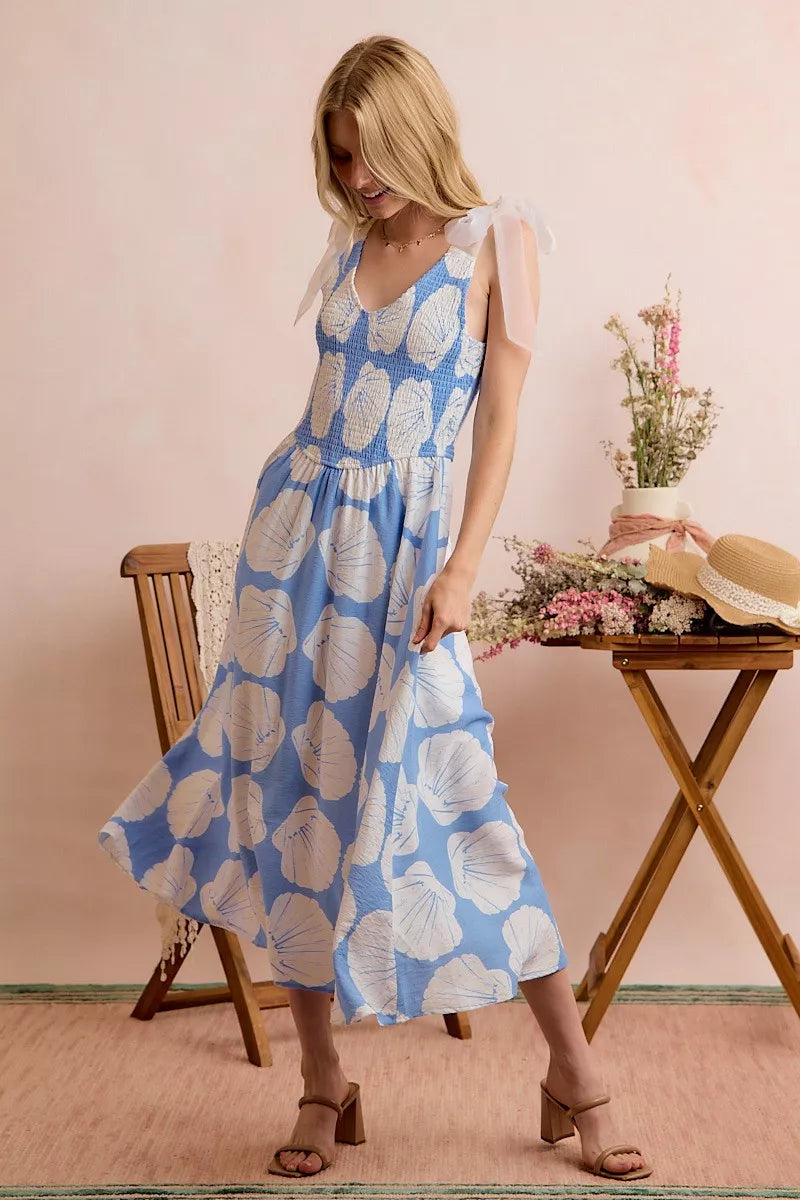 shell smocked bodice So Me Shell Smocked Bodice Shoulder Tie Lined Midi Dress view 14 (dress) - shop at us.meeeshop