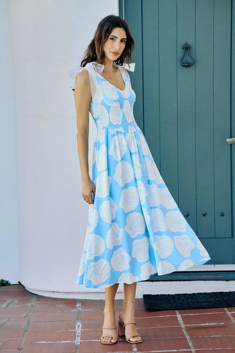 shell smocked bodice So Me Shell Smocked Bodice Shoulder Tie Lined Midi Dress view 2 (dress) - shop at us.meeeshop