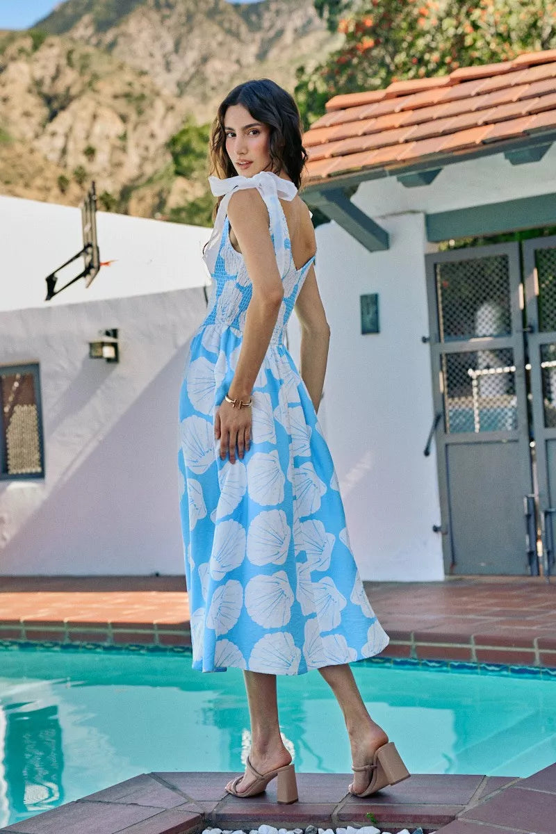 shell smocked bodice So Me Shell Smocked Bodice Shoulder Tie Lined Midi Dress view 3 (dress) - shop at us.meeeshop