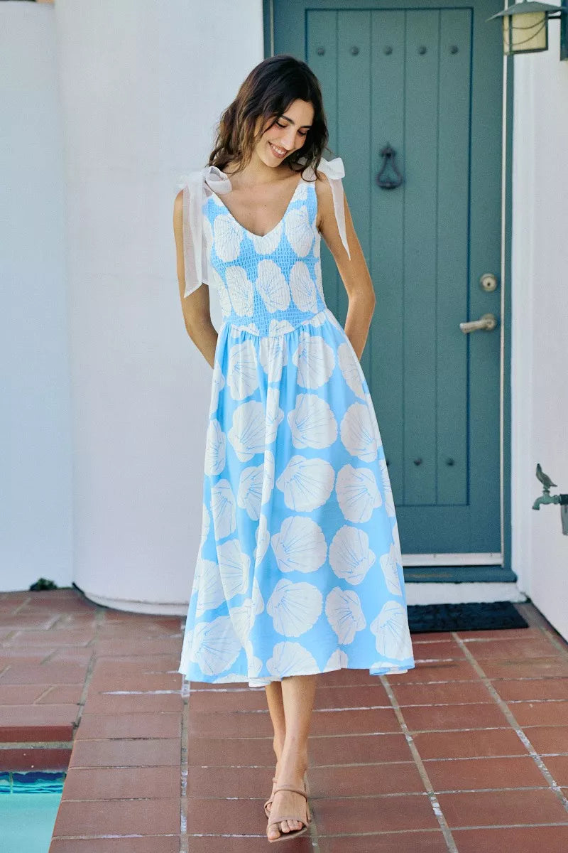shell smocked bodice So Me Shell Smocked Bodice Shoulder Tie Lined Midi Dress view 4 (dress) - shop at us.meeeshop