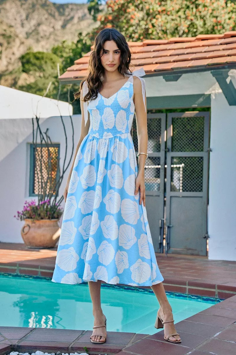 shell smocked bodice So Me Shell Smocked Bodice Shoulder Tie Lined Midi Dress view 5 (dress) - shop at us.meeeshop