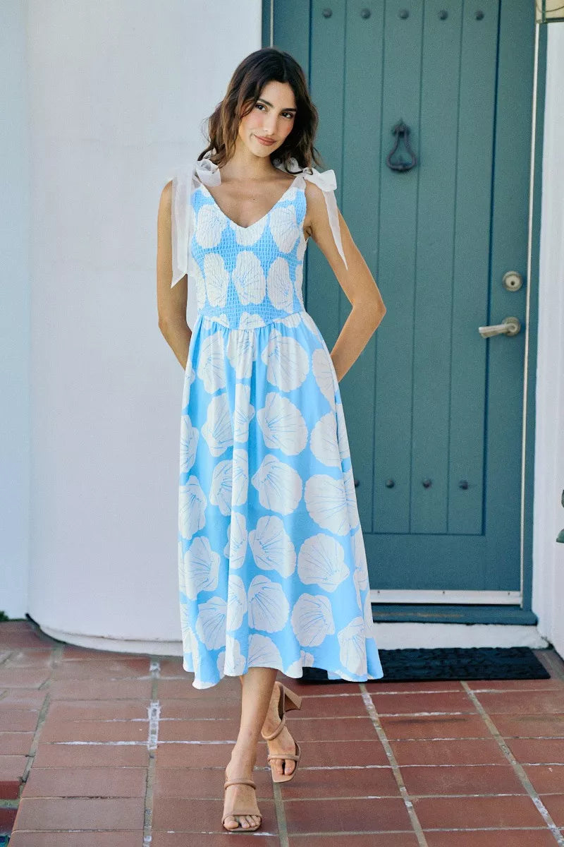 shell smocked bodice So Me Shell Smocked Bodice Shoulder Tie Lined Midi Dress view 6 (dress) - shop at us.meeeshop