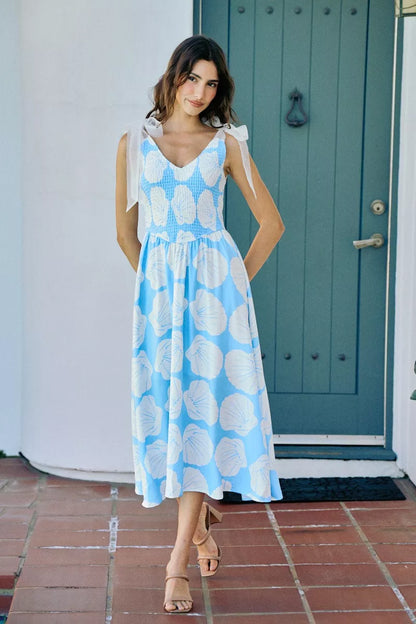 shell smocked bodice So Me Shell Smocked Bodice Shoulder Tie Lined Midi Dress view 6 (dress) - shop at us.meeeshop