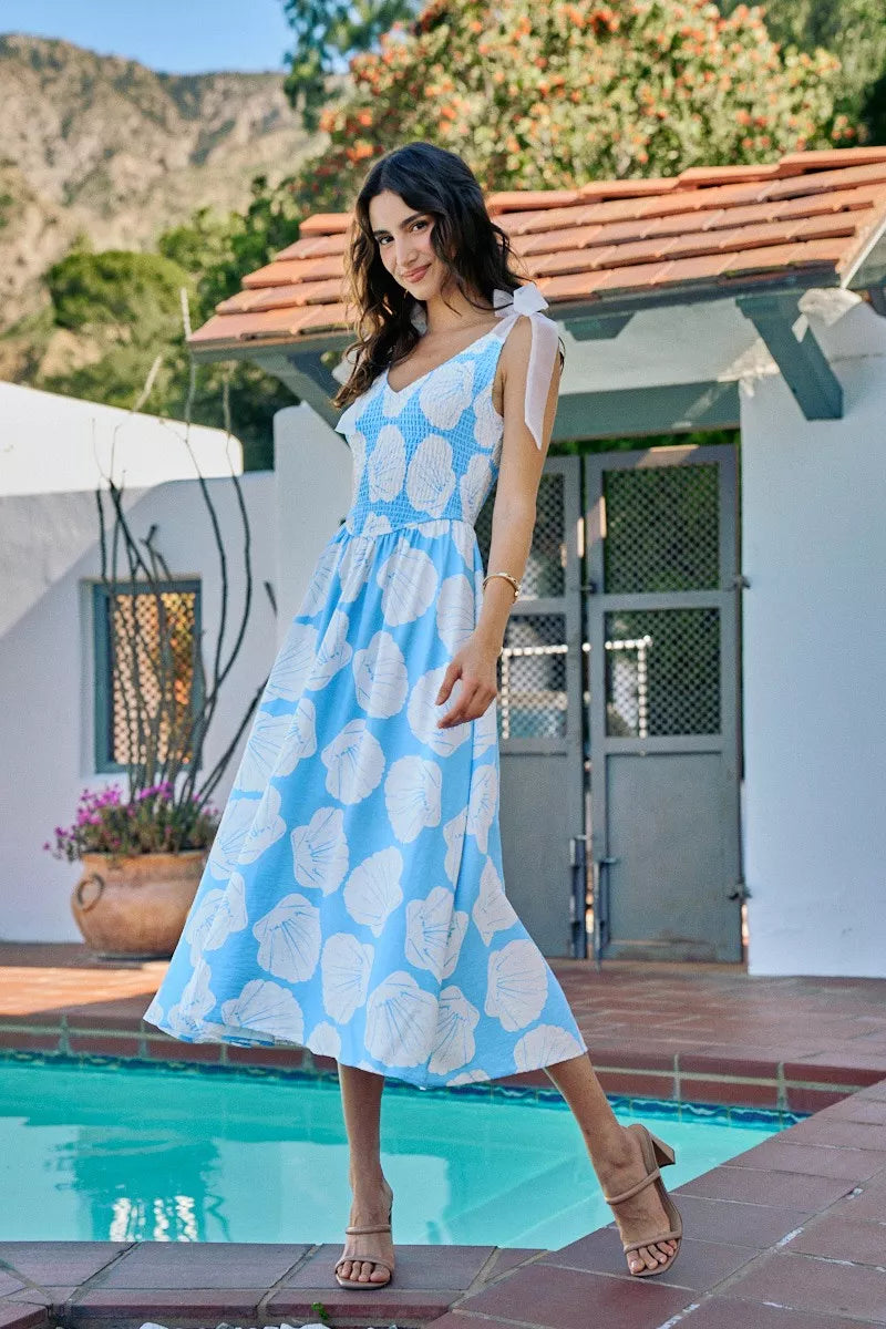 shell smocked bodice So Me Shell Smocked Bodice Shoulder Tie Lined Midi Dress view 7 (dress) - shop at us.meeeshop
