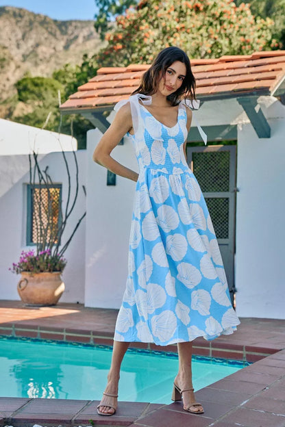 shell smocked bodice So Me Shell Smocked Bodice Shoulder Tie Lined Midi Dress view 8 (dress) - shop at us.meeeshop
