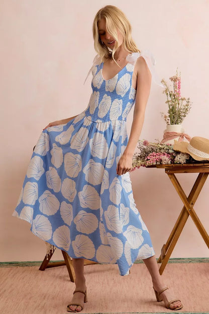 shell smocked bodice So Me Shell Smocked Bodice Shoulder Tie Lined Midi Dress view 9 (dress) - shop at us.meeeshop