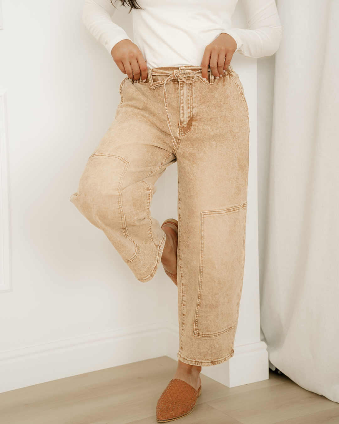 Shiloh Acid Wash Barrel Fit Denim Pants with Waist String - Sand in Sand - Shiloh Barrel Jeans (bottom)