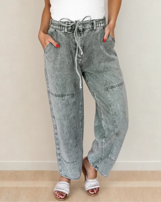 Shiloh Acid Wash Barrel Fit Denim Pants with Waist String - Gray in Gray - Shiloh Barrel Jeans (bottom)