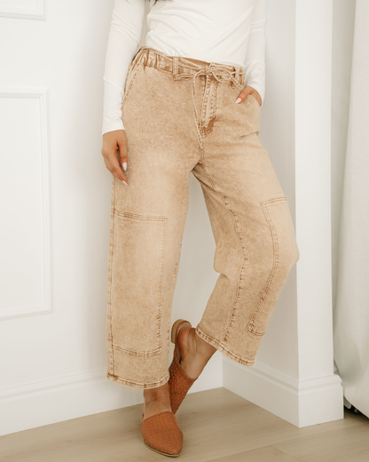 Shiloh Acid Wash Barrel Fit Denim Pants with Waist String - Sand in Sand view 3 - Shiloh Barrel Jeans (bottom)