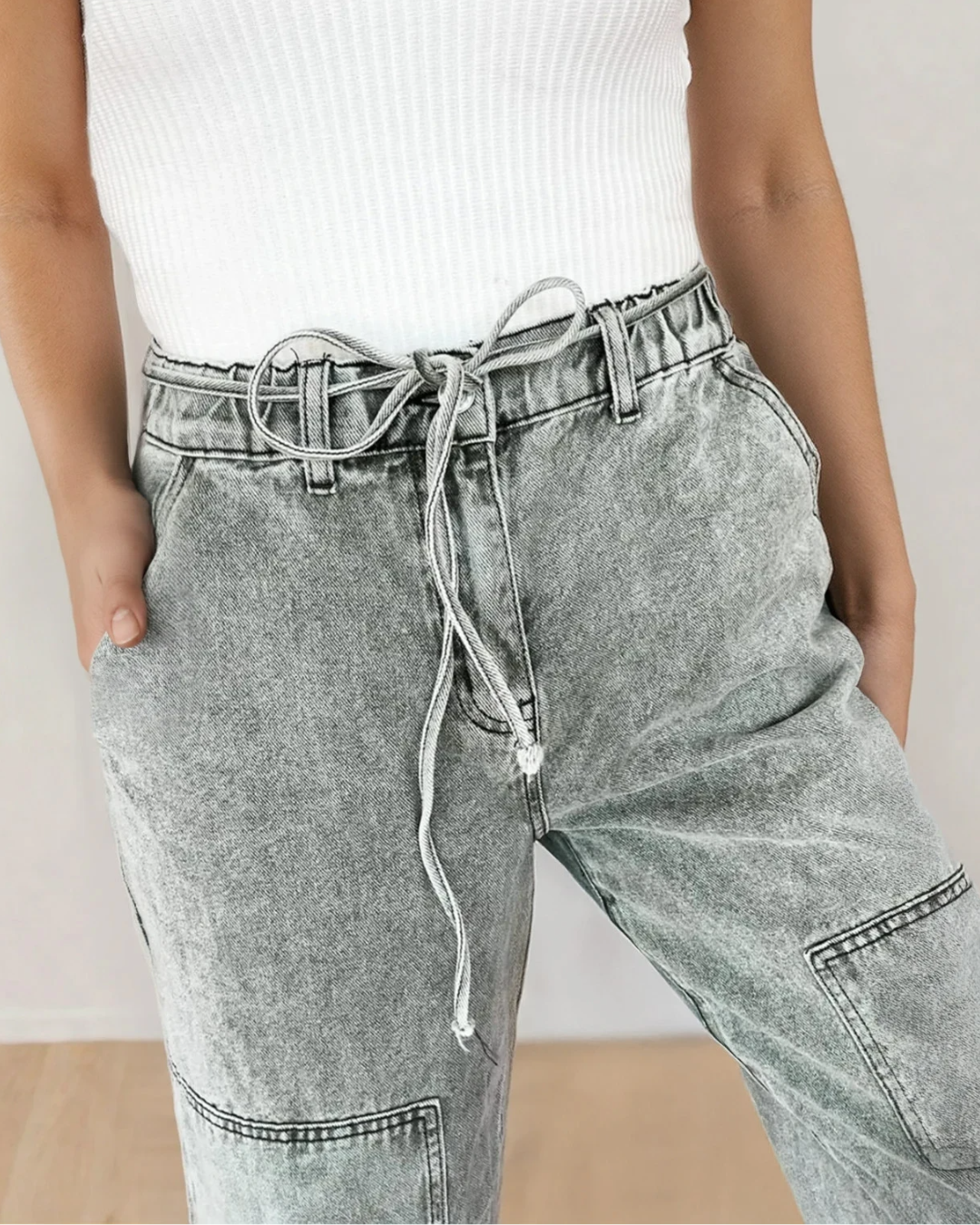 Shiloh Acid Wash Barrel Fit Denim Pants with Waist String - Gray in Gray view 3 - Shiloh Barrel Jeans (bottom)