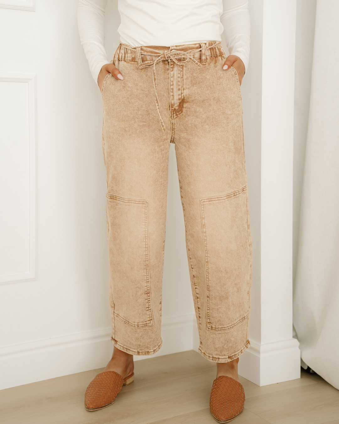 Shiloh Acid Wash Barrel Fit Denim Pants with Waist String - Sand in Sand view 5 - Shiloh Barrel Jeans (bottom)