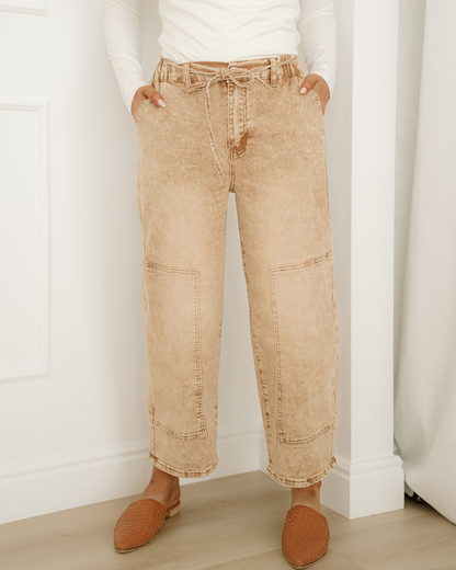 Shiloh Acid Wash Barrel Fit Denim Pants with Waist String - Sand in Sand view 5 - Shiloh Barrel Jeans (bottom)