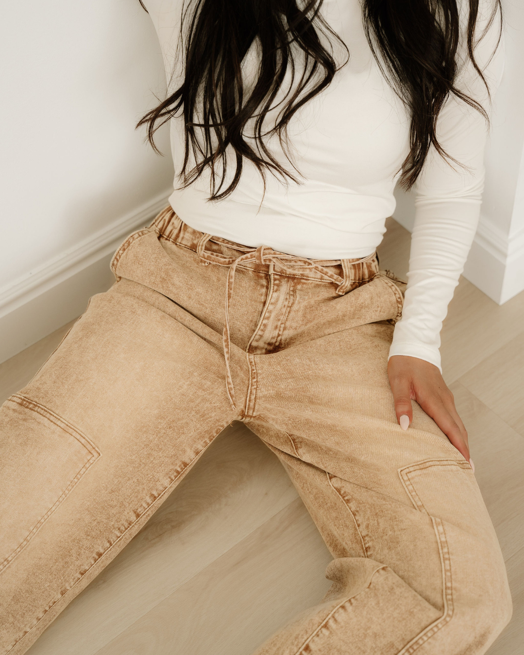 Shiloh Acid Wash Barrel Fit Denim Pants with Waist String - Sand in Sand view 6 - Shiloh Barrel Jeans (bottom)