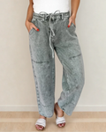 Shiloh Acid Wash Barrel Fit Denim Pants with Waist String - Gray Gray (bottom) - string gray, waist str - shop at us.meeeshop