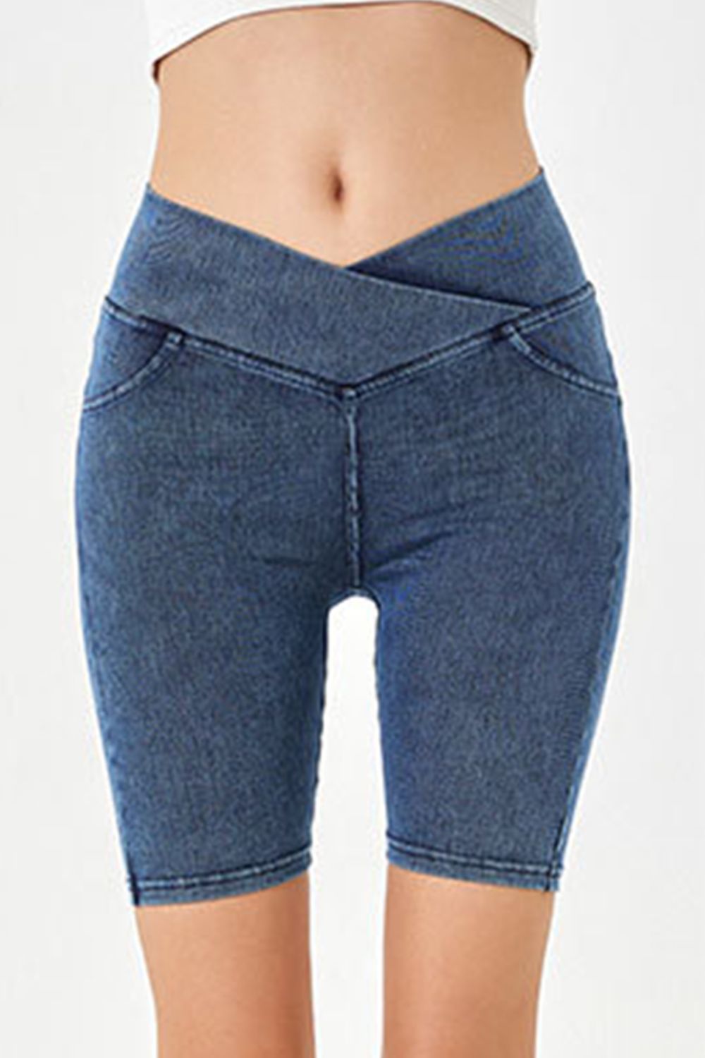Shopbasicbae Basic Bae Asymmetrical Waist Denim Shorts with Pockets in Medium view 11 - Shorts Pockets (bottom)