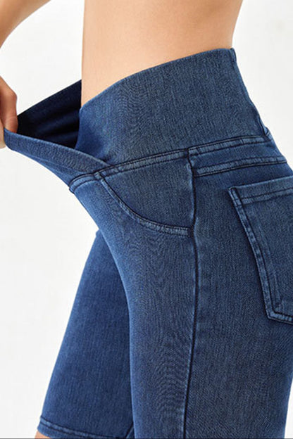 Shopbasicbae Basic Bae Asymmetrical Waist Denim Shorts with Pockets in Peacock  Blue view 2 - Shorts Pockets (bottom)