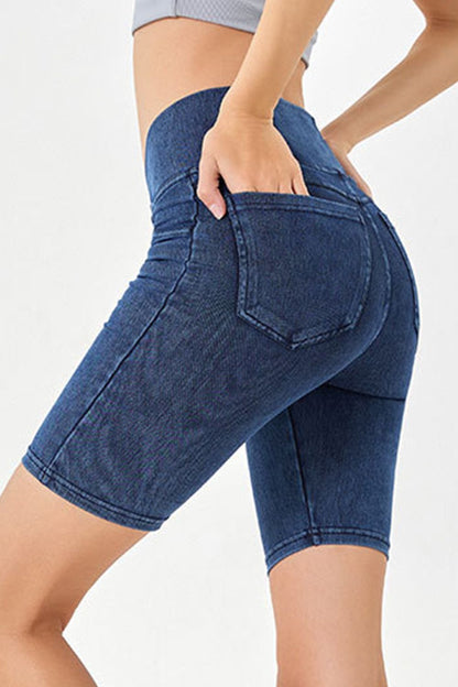 Shopbasicbae Basic Bae Asymmetrical Waist Denim Shorts with Pockets in Peacock  Blue view 3 - Shorts Pockets (bottom)