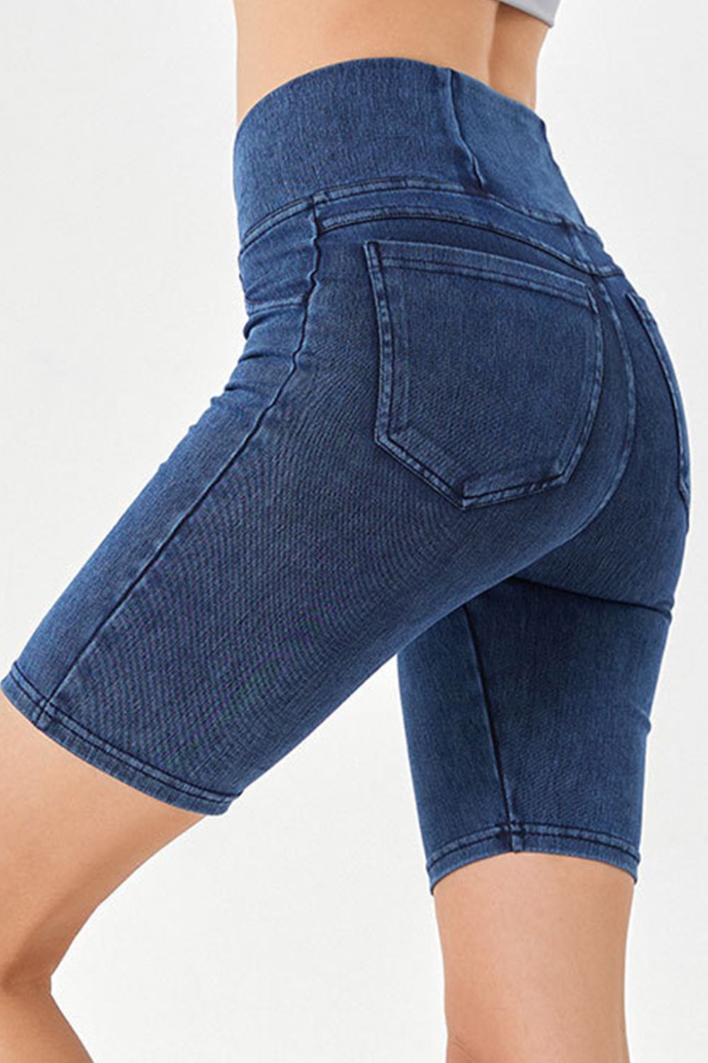 Shopbasicbae Basic Bae Asymmetrical Waist Denim Shorts with Pockets in Peacock  Blue view 4 - Shorts Pockets (bottom)