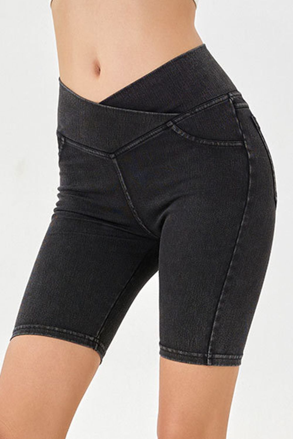 Shopbasicbae Basic Bae Asymmetrical Waist Denim Shorts with Pockets in Dark view 6 - Shorts Pockets (bottom)