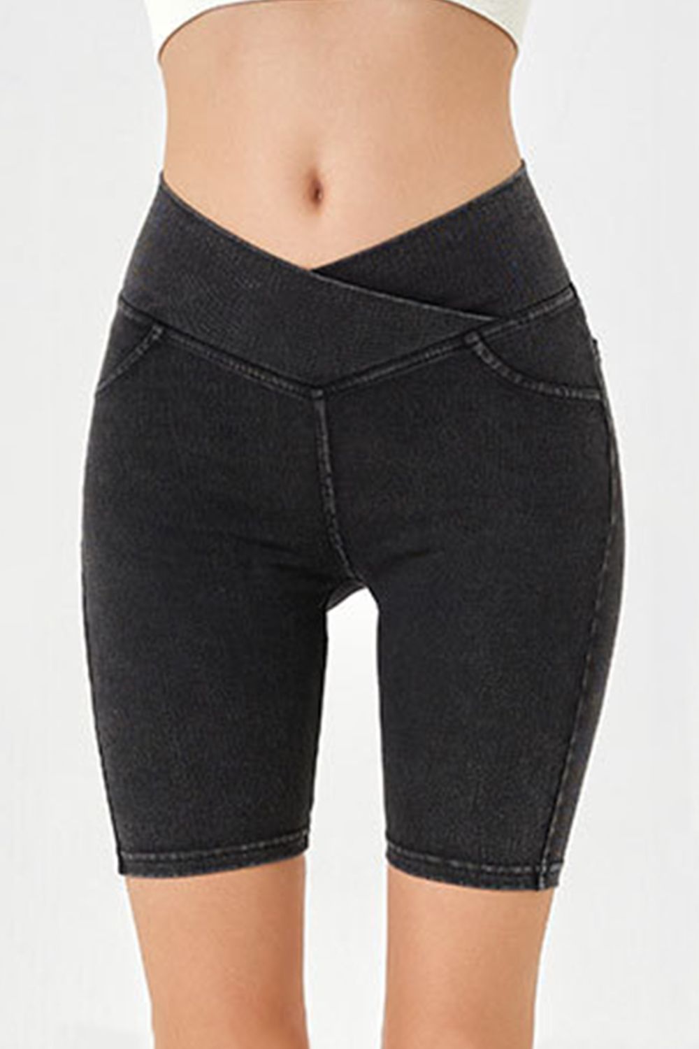 Shopbasicbae Basic Bae Asymmetrical Waist Denim Shorts with Pockets in Dark view 8 - Shorts Pockets (bottom)