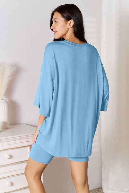 Shopbasicbae Basic Bae Bamboo Full Size Round Neck Drop Shoulder T-shirt and Shorts Set in Light Blue view 15 (top)