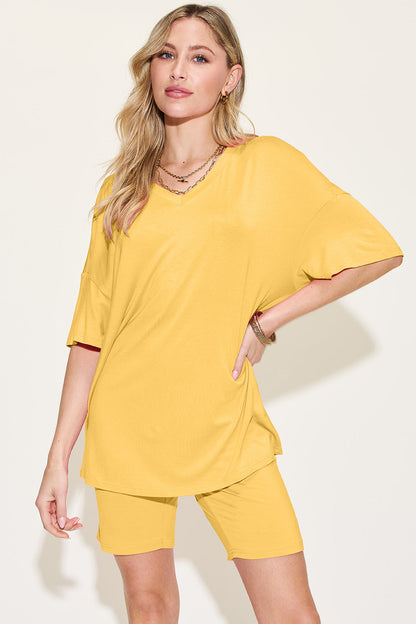 Shopbasicbae Basic Bae Bamboo Full Size V-neck Drop Shoulder T-shirt and Shorts Set in Yellow view 13 - Basic Bae Lounge Set