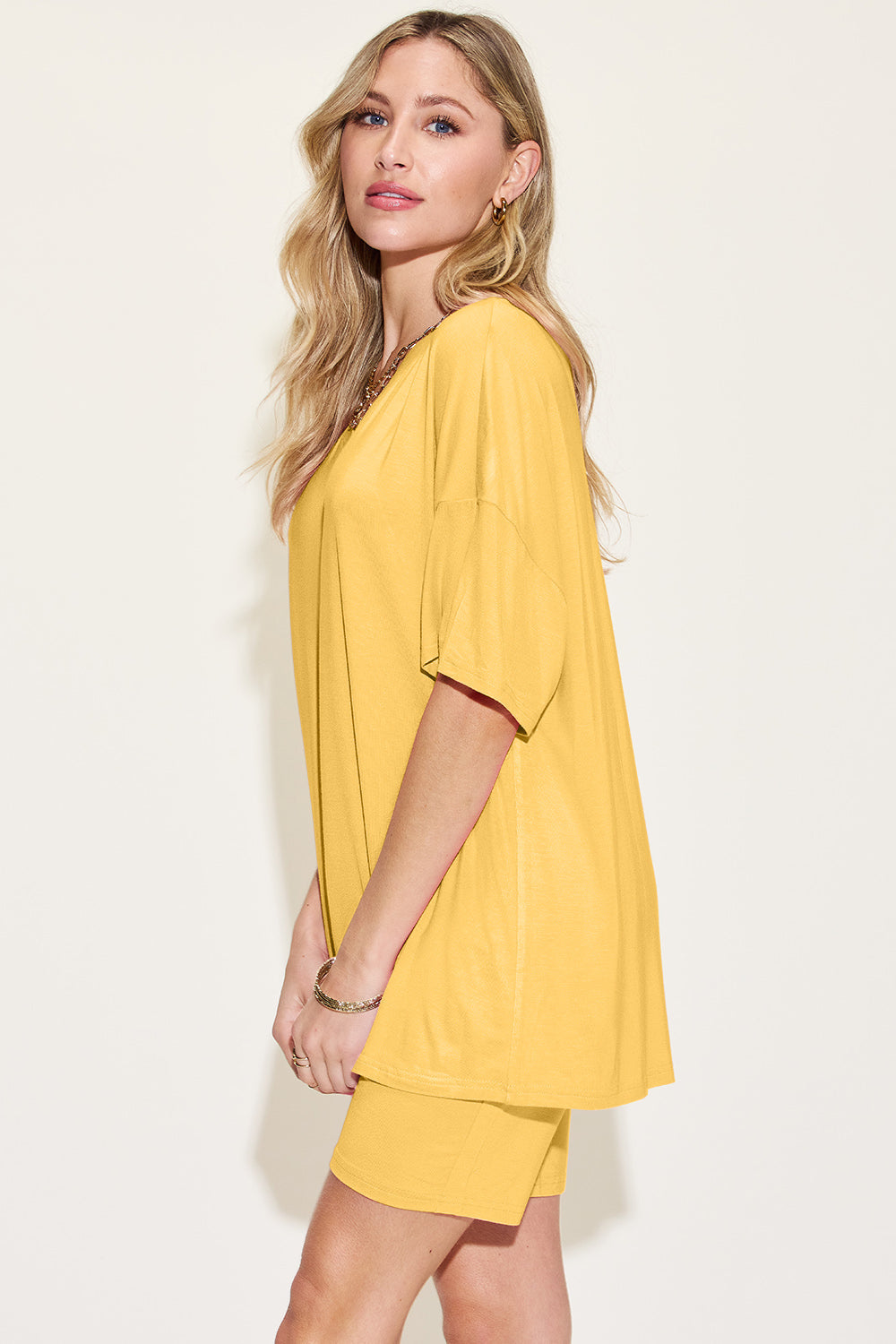 Shopbasicbae Basic Bae Bamboo Full Size V-neck Drop Shoulder T-shirt and Shorts Set in Yellow view 14 - Basic Bae Lounge Set