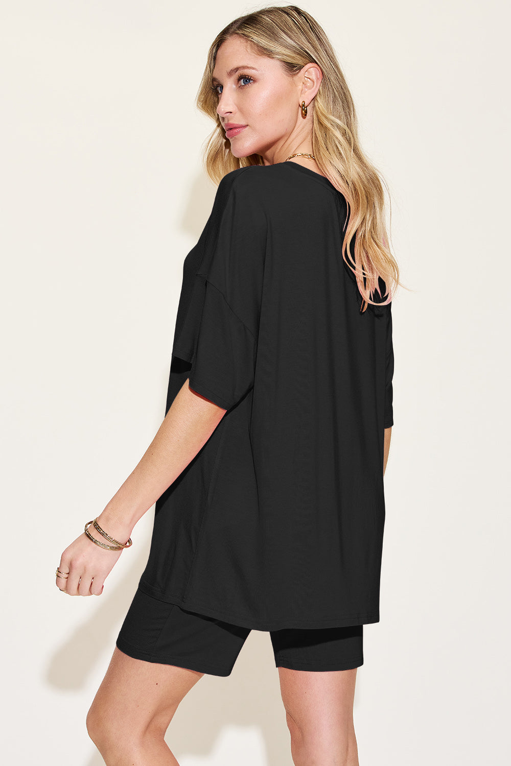 Shopbasicbae Basic Bae Bamboo Full Size V-neck Drop Shoulder T-shirt and Shorts Set in Black view 20 - Basic Bae Lounge Set