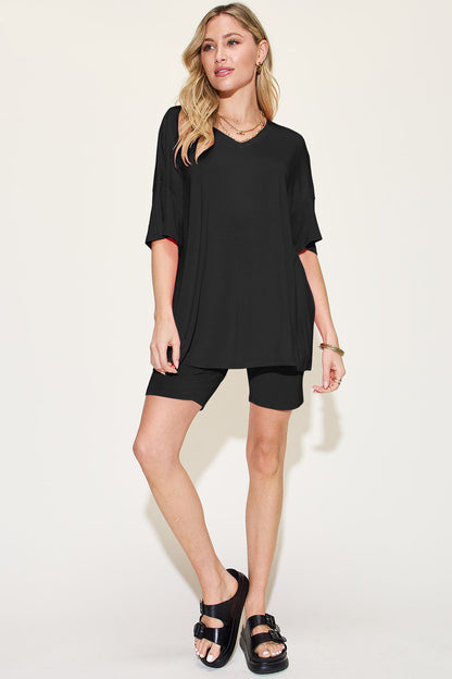 Shopbasicbae Basic Bae Bamboo Full Size V-neck Drop Shoulder T-shirt and Shorts Set in Black view 21 - Basic Bae Lounge Set