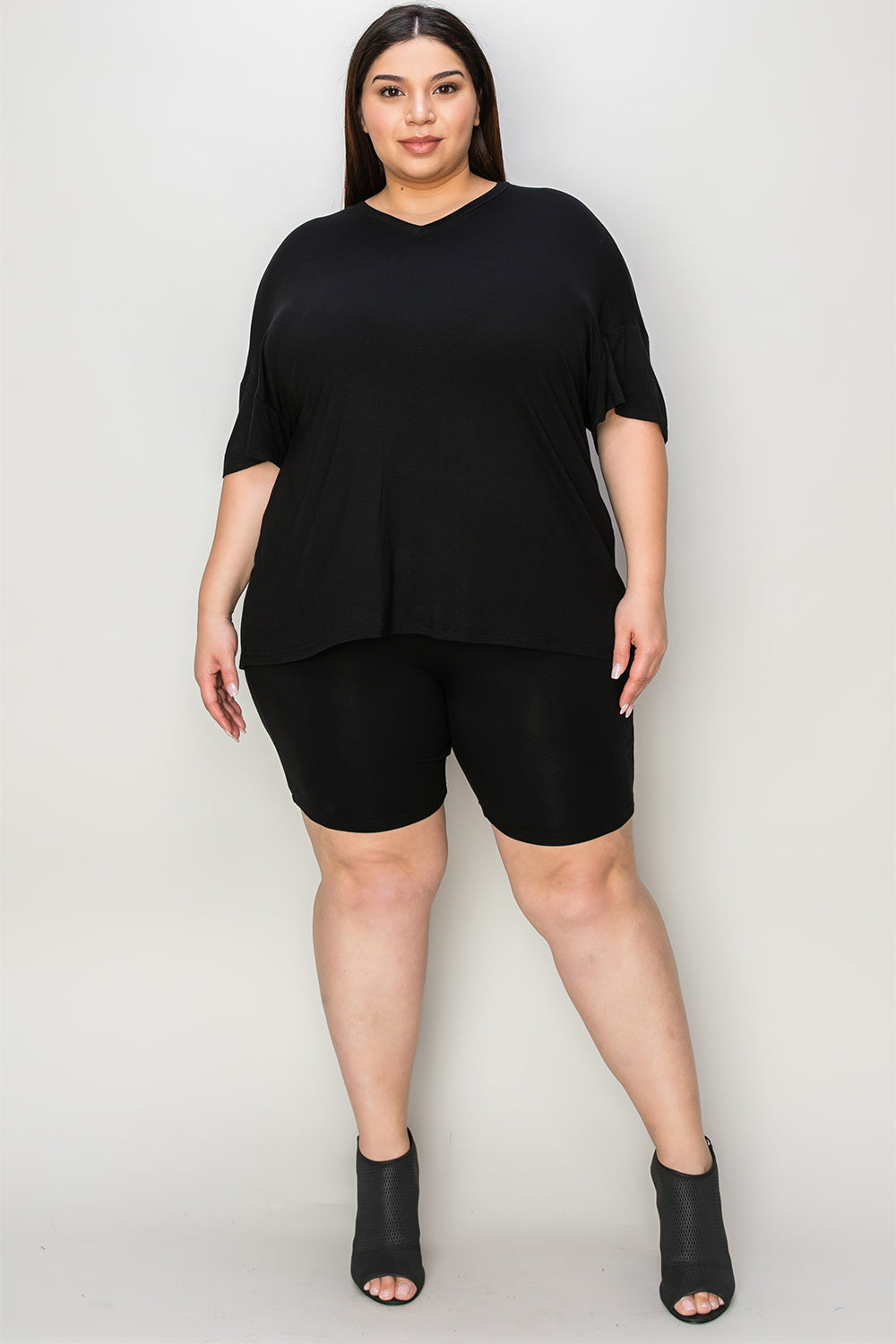 Shopbasicbae Basic Bae Bamboo Full Size V-neck Drop Shoulder T-shirt and Shorts Set in Black view 22 - Basic Bae Lounge Set