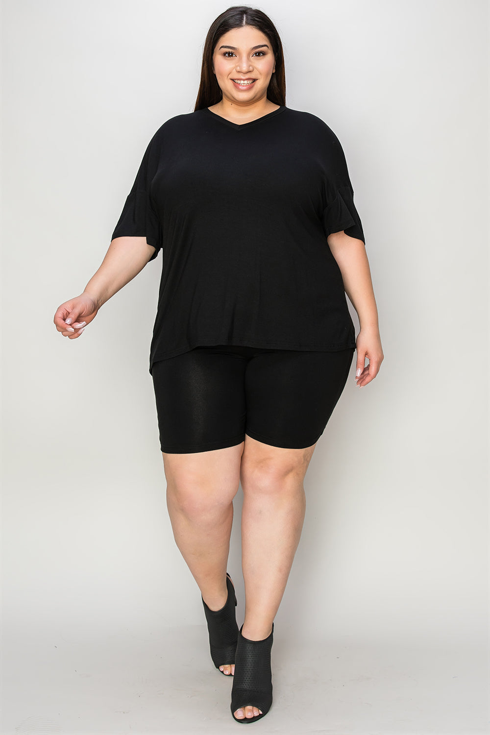 Shopbasicbae Basic Bae Bamboo Full Size V-neck Drop Shoulder T-shirt and Shorts Set in Black view 23 - Basic Bae Lounge Set