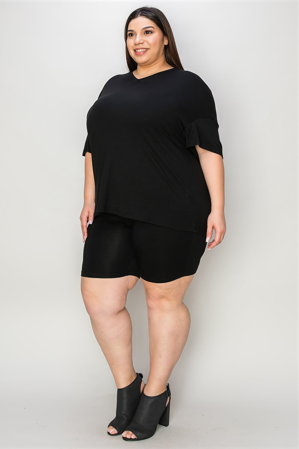Shopbasicbae Basic Bae Bamboo Full Size V-neck Drop Shoulder T-shirt and Shorts Set in Black view 24 - Basic Bae Lounge Set