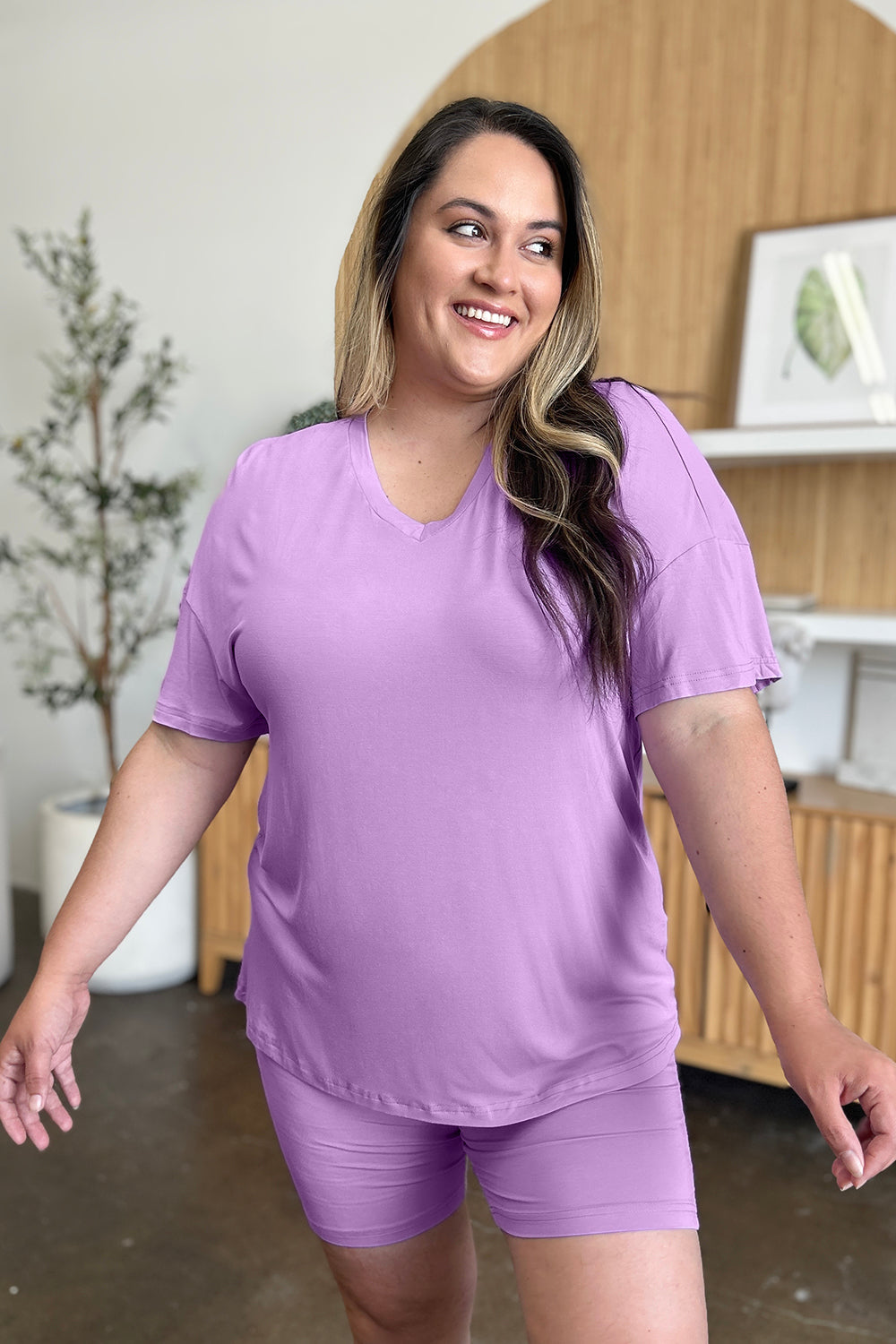 Shopbasicbae Basic Bae Bamboo Full Size V-neck Drop Shoulder T-shirt and Shorts Set in Lavender view 6 - Basic Bae Lounge Set