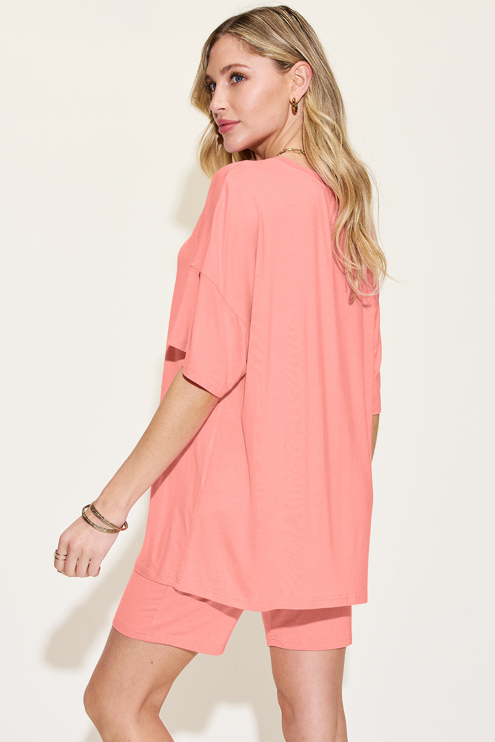 Shopbasicbae Basic Bae Bamboo Full Size V-neck Drop Shoulder T-shirt and Shorts Set in Coral view 9 - Basic Bae Lounge Set