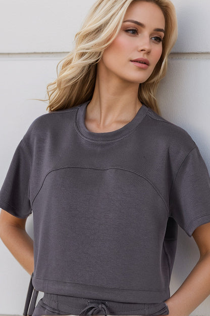 Shopbasicbae Basic Bae Drawstring Hem Air Scuba Round Neck Short Sleeve T-shirt in Cream view 4 - Short Shirt (top)
