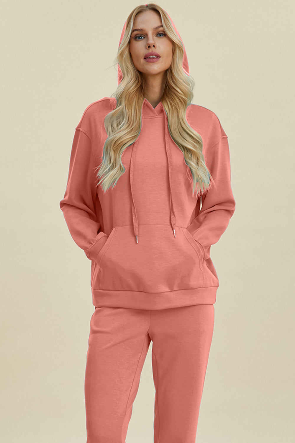 Shopbasicbae Basic Bae Full Size Air Scuba Drawstring Long Sleeve Hoodie with Kangaroo Pocket Top in Coral - Kanga Hoodie