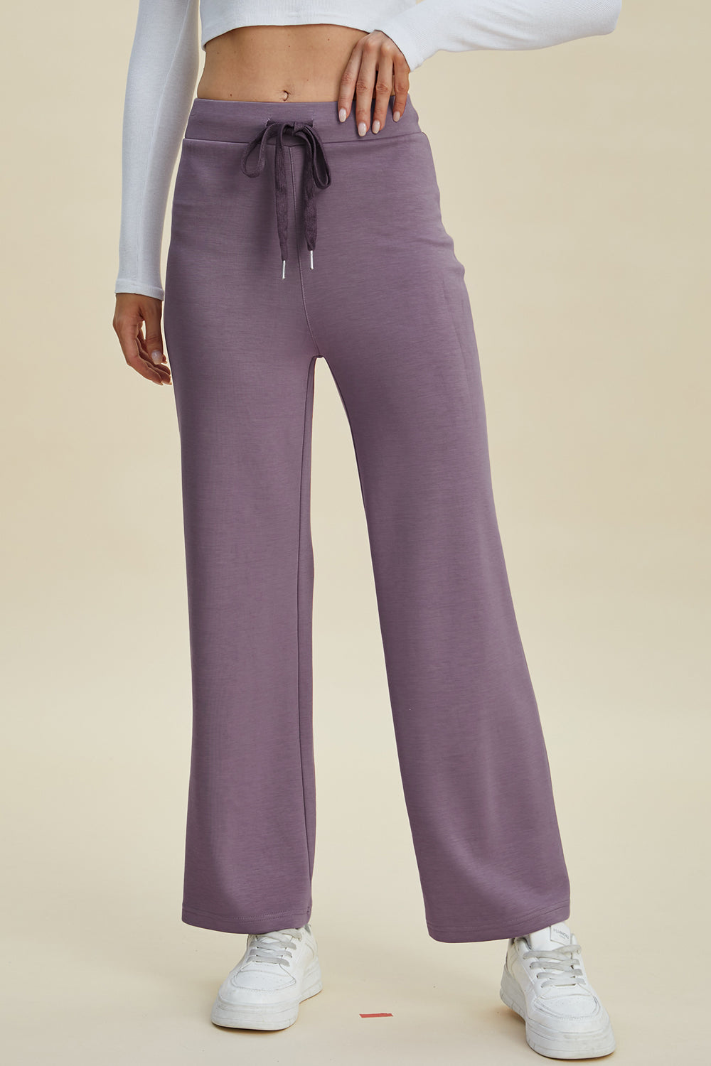 Shopbasicbae Basic Bae Full Size Air Scuba Drawstring Wide Leg Pants in Mauve view 3 - Basics Pants Price (bottom)
