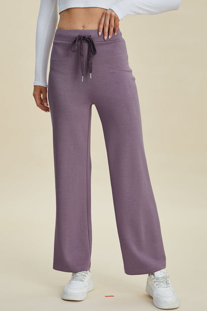 Shopbasicbae Basic Bae Full Size Air Scuba Drawstring Wide Leg Pants in Mauve view 3 - Basics Pants Price (bottom)