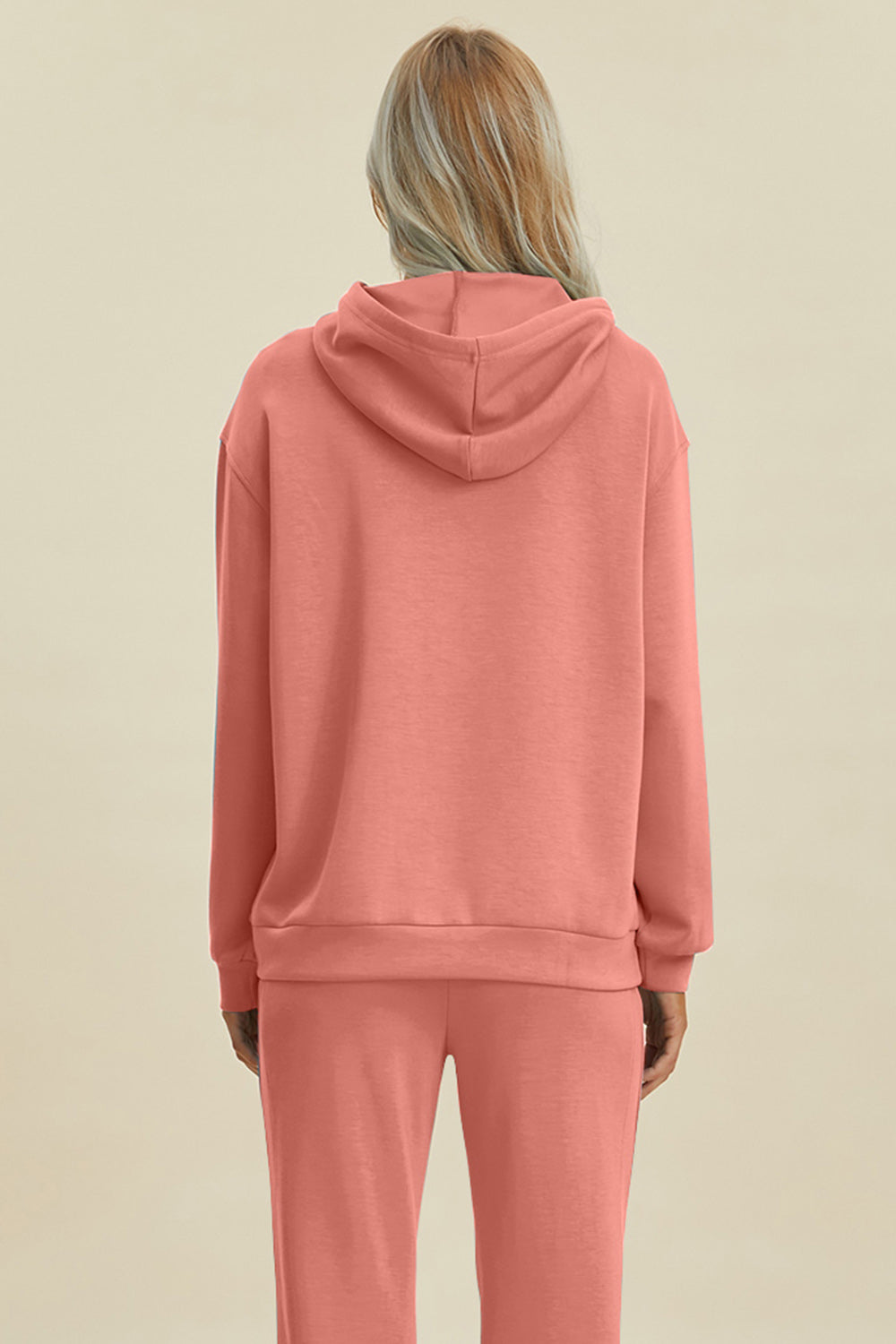 Shopbasicbae Basic Bae Full Size Air Scuba Drawstring Long Sleeve Hoodie with Kangaroo Pocket Top in Coral view 3