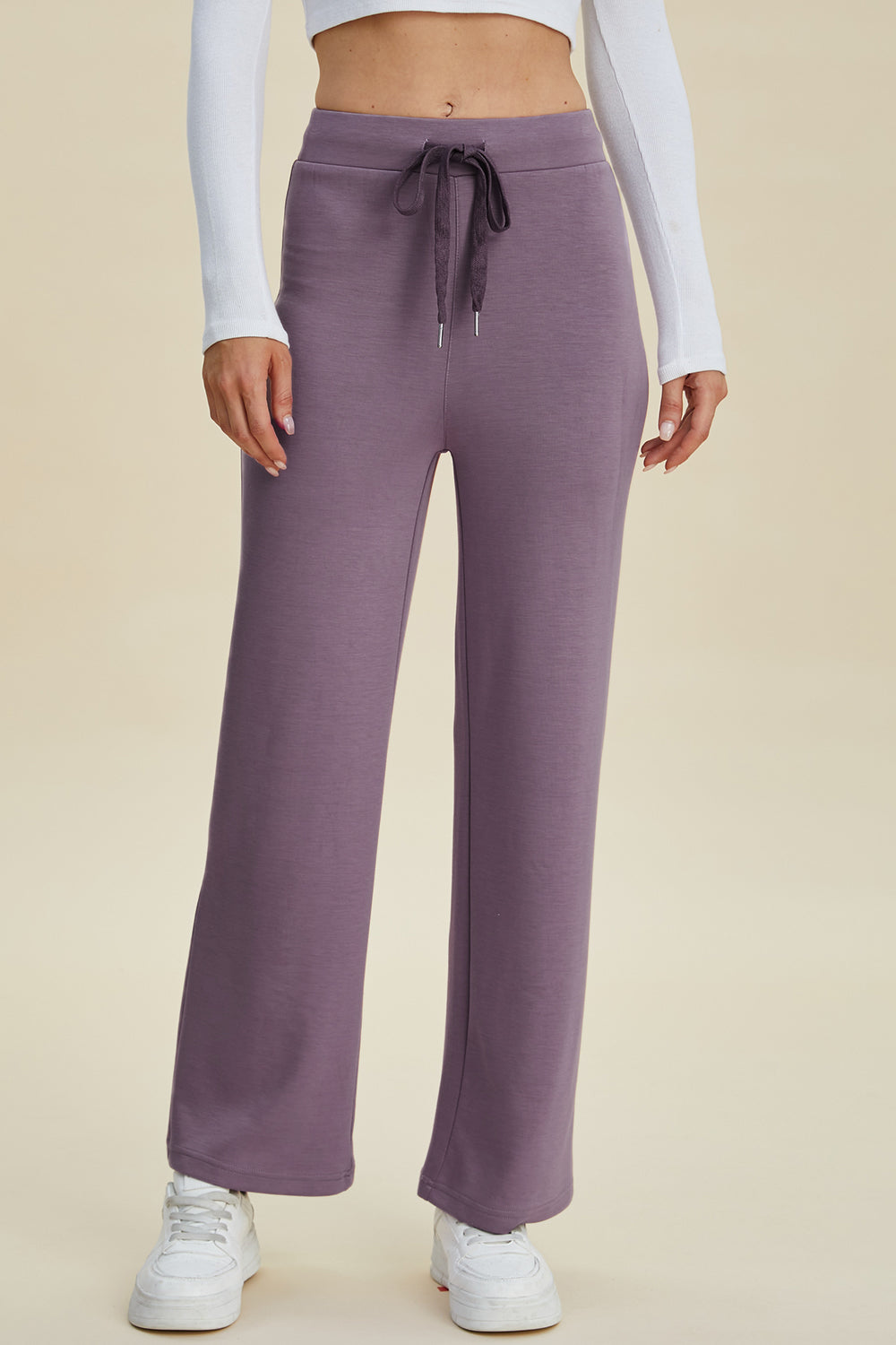 Shopbasicbae Basic Bae Full Size Air Scuba Drawstring Wide Leg Pants in Mauve view 5 - Basics Pants Price (bottom)