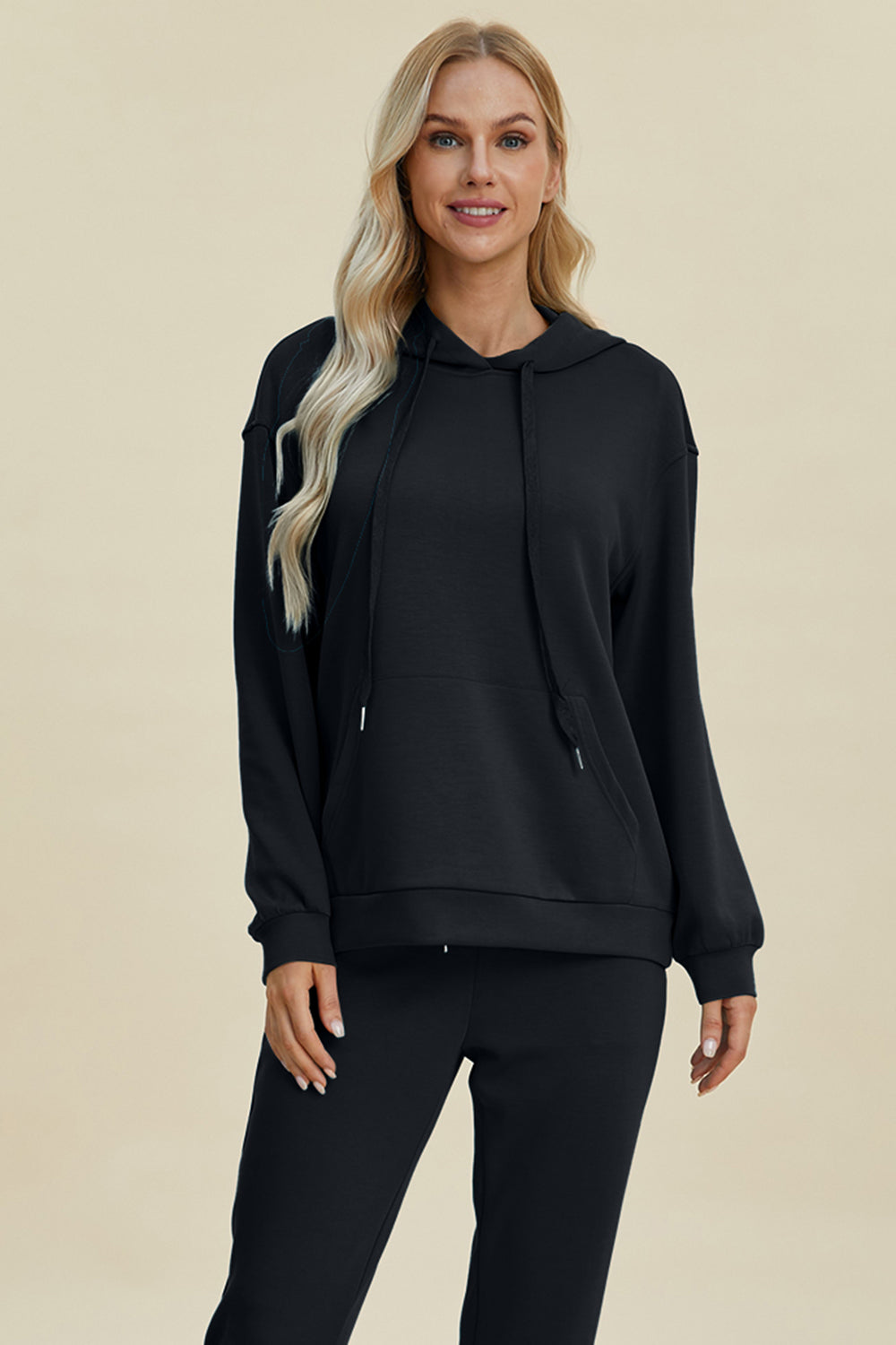 Shopbasicbae Basic Bae Full Size Air Scuba Drawstring Long Sleeve Hoodie with Kangaroo Pocket Top in Coral view 5