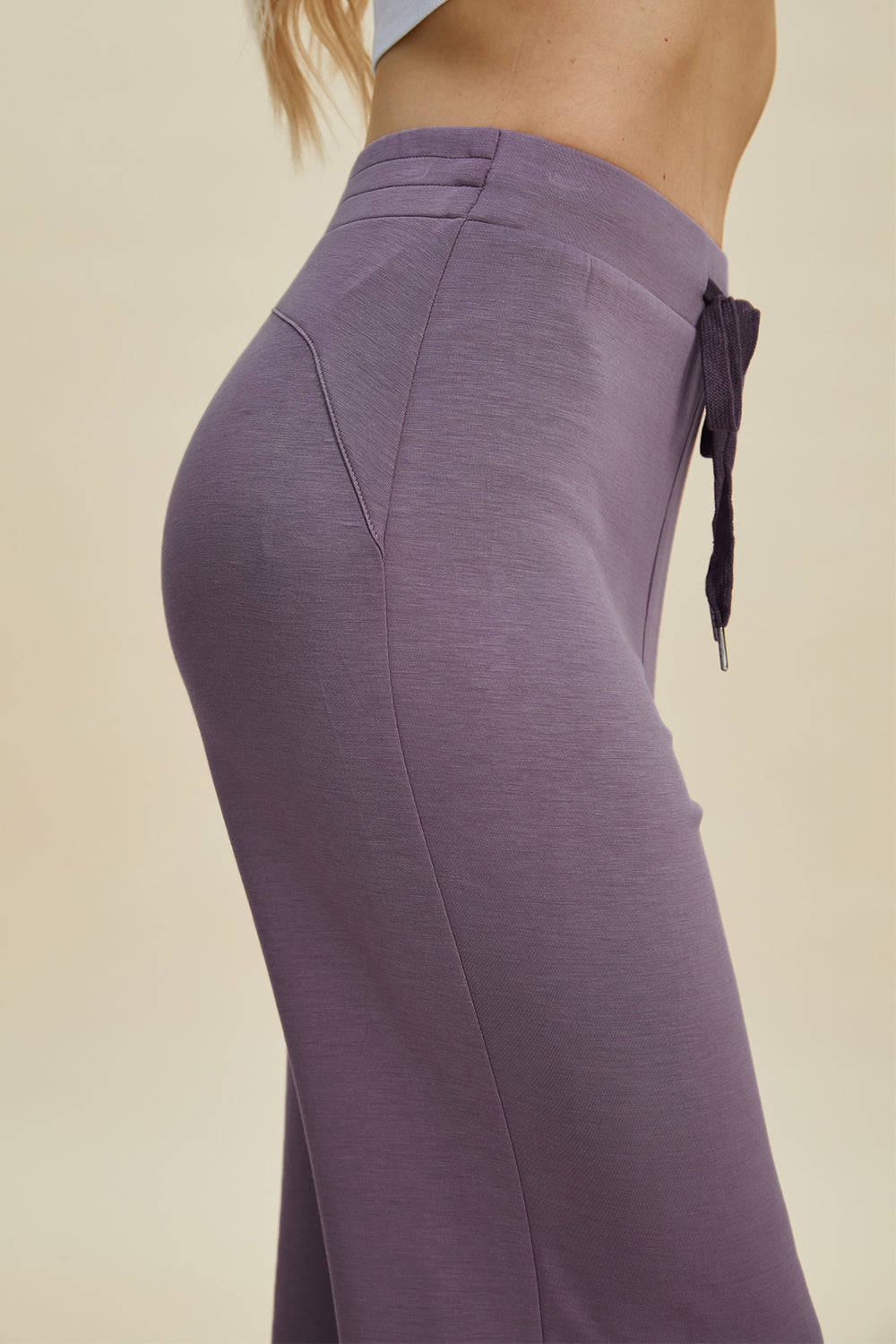 Shopbasicbae Basic Bae Full Size Air Scuba Drawstring Wide Leg Pants in Mauve view 6 - Basics Pants Price (bottom)