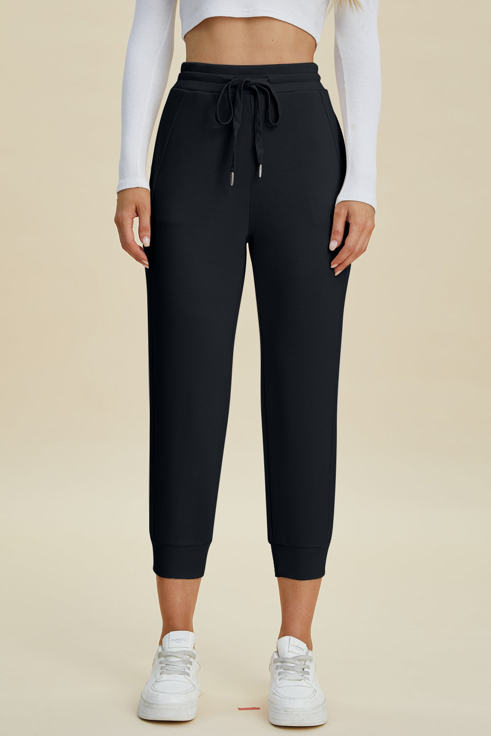 Shopbasicbae Basic Bae Full Size Air Scuba Drawstring High Waist Cropped Pants in Black view 8 - High-Waisted (bottom)