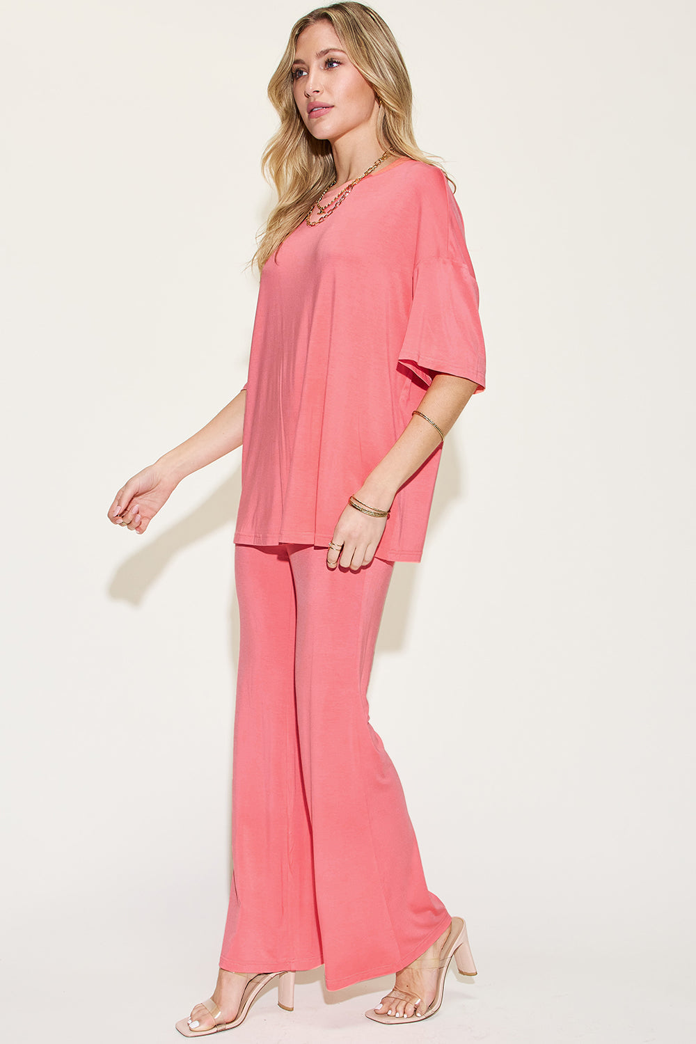 Shopbasicbae Basic Bae Full Size Bamboo Drop Shoulder T-shirt and Flare Pants Set in Sage view 10 - Basic Bae Lounge Set