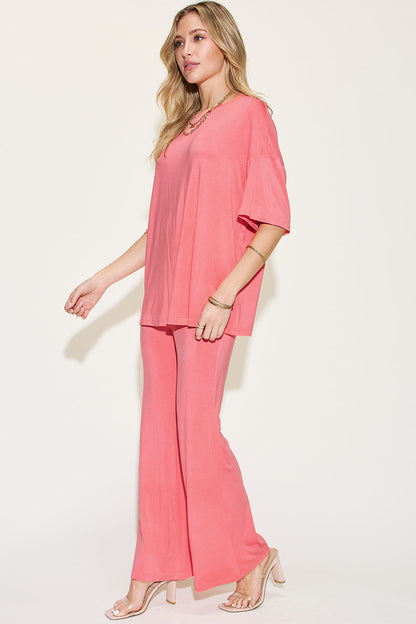 Shopbasicbae Basic Bae Full Size Bamboo Drop Shoulder T-shirt and Flare Pants Set in Sage view 10 - Basic Bae Lounge Set