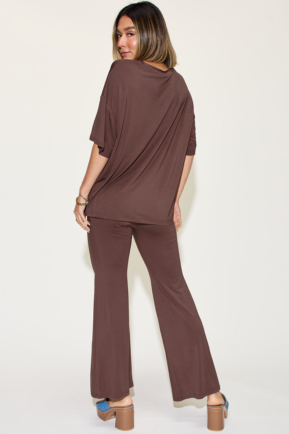 Shopbasicbae Basic Bae Full Size Bamboo Drop Shoulder T-shirt and Flare Pants Set in Coral view 14 - Basic Bae Lounge Set